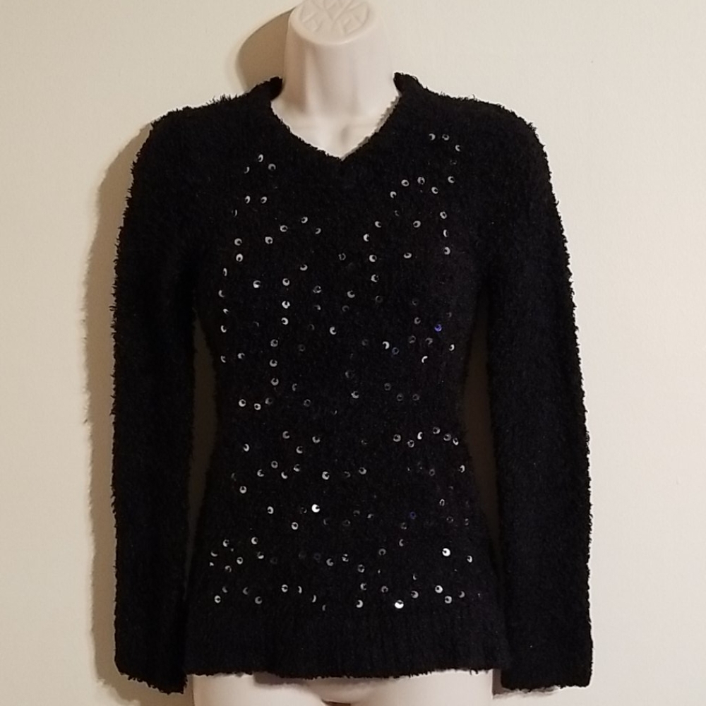 Piper Black Large Sequined Front Fuzzy Sweater - image 3
